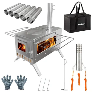 , Portable Wood Stove with 6 Stainless Chimney Pipes